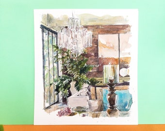 Watercolor interior house, living room design painting, design illustration, colorful house sketch, drawing size 20x23 cm