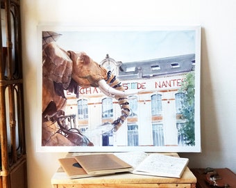 Watercolor painting on elephant paper Nantes, rectangular format 49x64 cm, wall decoration