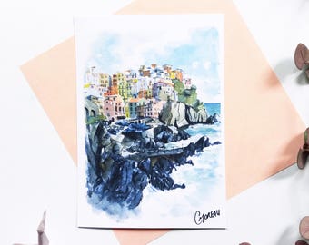 マナローラ ポストカード、五つの土地イラスト図、イラスト地図、手描き、マナローラ水彩、イタリア ポストカード