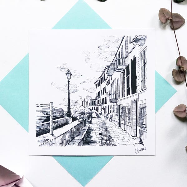 Carte postale Gênes, dessin main italie, village pêcheurs, illustration graphique noir blanc, reproduction encre, tableau paysage ville