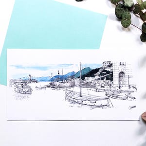 Kaart mailing Camogli, Italië-poort illustratie, tekenen van inkt aquarel, boten haven, boten, tekening met de hand, maritieme landschap panorama