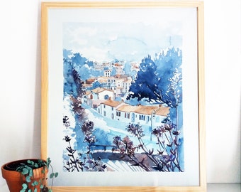 Watercolor Clisson, painting of Clisson, italian architecture village, landscape watercolor, painting blue city, urban landscape, panorama