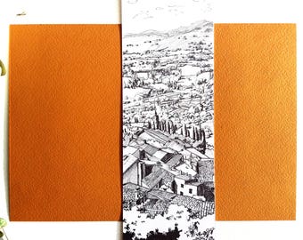 Faience, provence landscape drawing, map postcard Fayence Illustration landscape, black and white drawing, graphic, drawing handmade bookmark