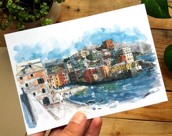 Postcard Genoa, Watercolor Genoa, Genoa Boccadasse illustration, Drawing Ligurian coast, Watercolor Italian village, Illustration travel