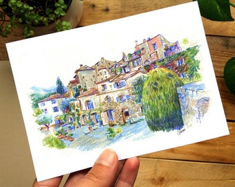 Postcard Saint Paul de Vence, Illustration landscape Provence, Drawing picturesque village Côte d'Azur, Illustration CMoreauArt