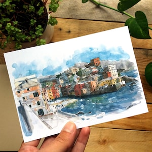 Carte postale Gênes, Aquarelle Gênes, Gênes Boccadasse illustration, Dessin côte ligure, Aquarelle village italien, Illustration voyage