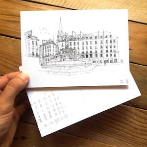 Carte postale Nantes, Illustration noir et blanc Place Royale, Paysage urbain France, Dessin Charline Moreau, décoration murale bureau