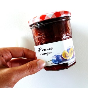May include: A glass jar with a red and white checkered lid filled with red plum jam. The jar has a white label with the text "Prunes rouges" and a watercolor illustration of plums.