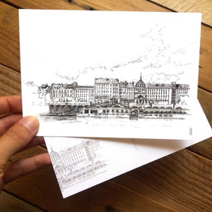 Cartão postal de Nantes, Ilustração quai de la Fosse Nantes, Panorama Nantes, Paisagem urbana França, Desenho Nantes, Charline Moreau