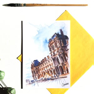 Carte postale Paris Château du Louvre, Aquarelle sur papier 10x15, Papeterie architecture France, Illustration crépuscule doré, CMoreauArt