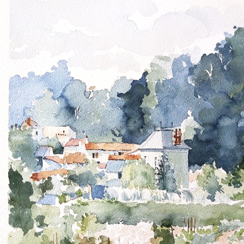 Aquarelle Originale XIXe Siècle - Paysage Village Campagne France - Signée - 48x37 Cm - Style Impressionniste