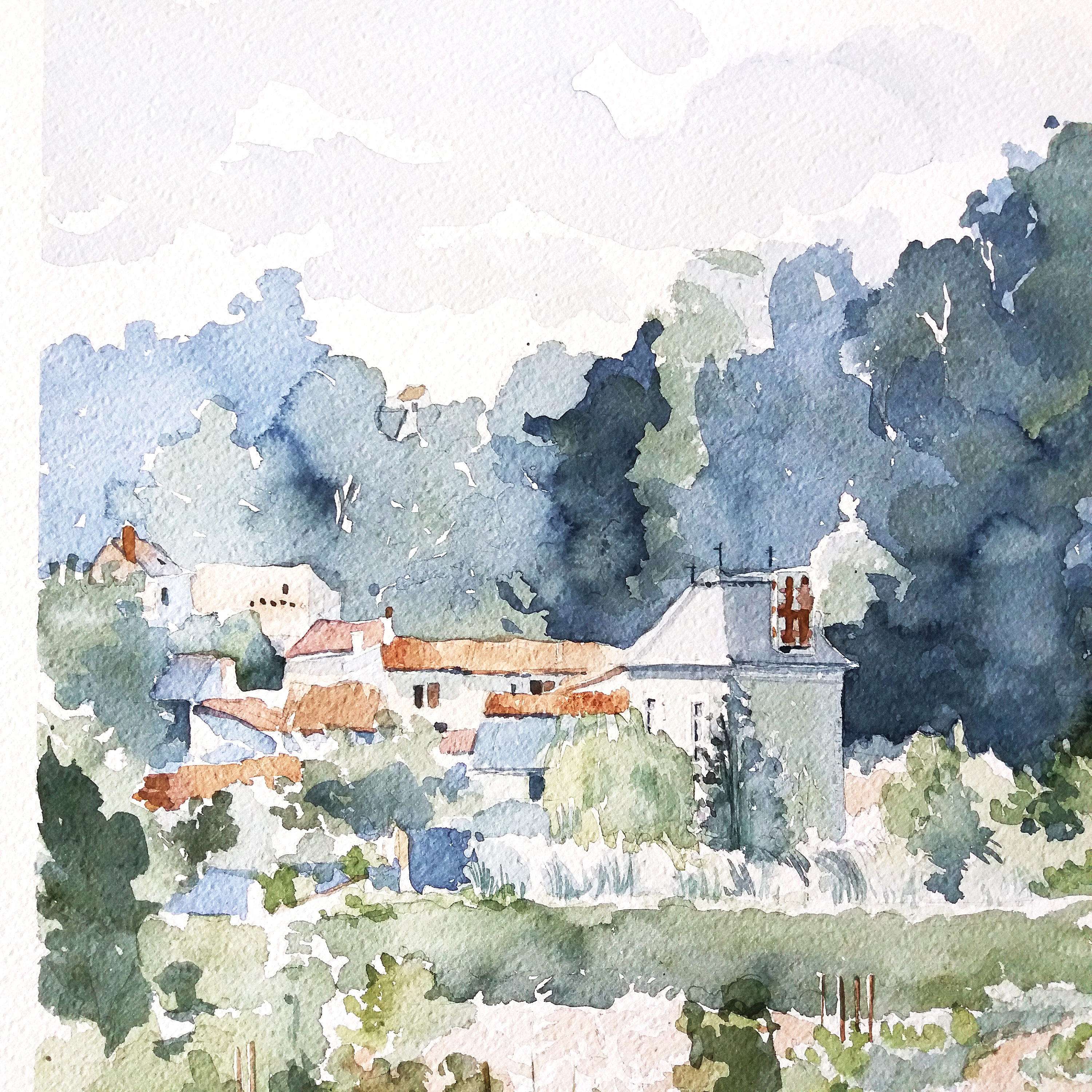 水彩田園風景、村の庭の絵、菜園の絵、風景画、オリジナルの水彩画