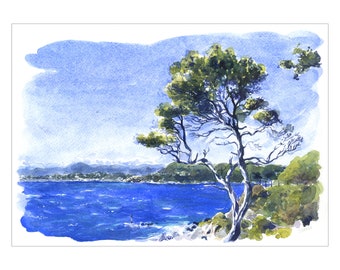 Watercolor painting on paper St Jean Cap Ferrat, Painting Côte d'Azur Mediterranean sea, Landscape sea wall decoration, illustration pine