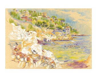 Drawing with colored pencils and acrylic on beige paper, Côte d'Azur beach, horizontal rectangular A5, small format wall decoration