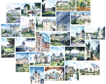 25 postcards Loire valley, Watercolor Loire Valley Castles, Chambord Castle postcard, Villandry castle, French castle postcard, Chenonceau