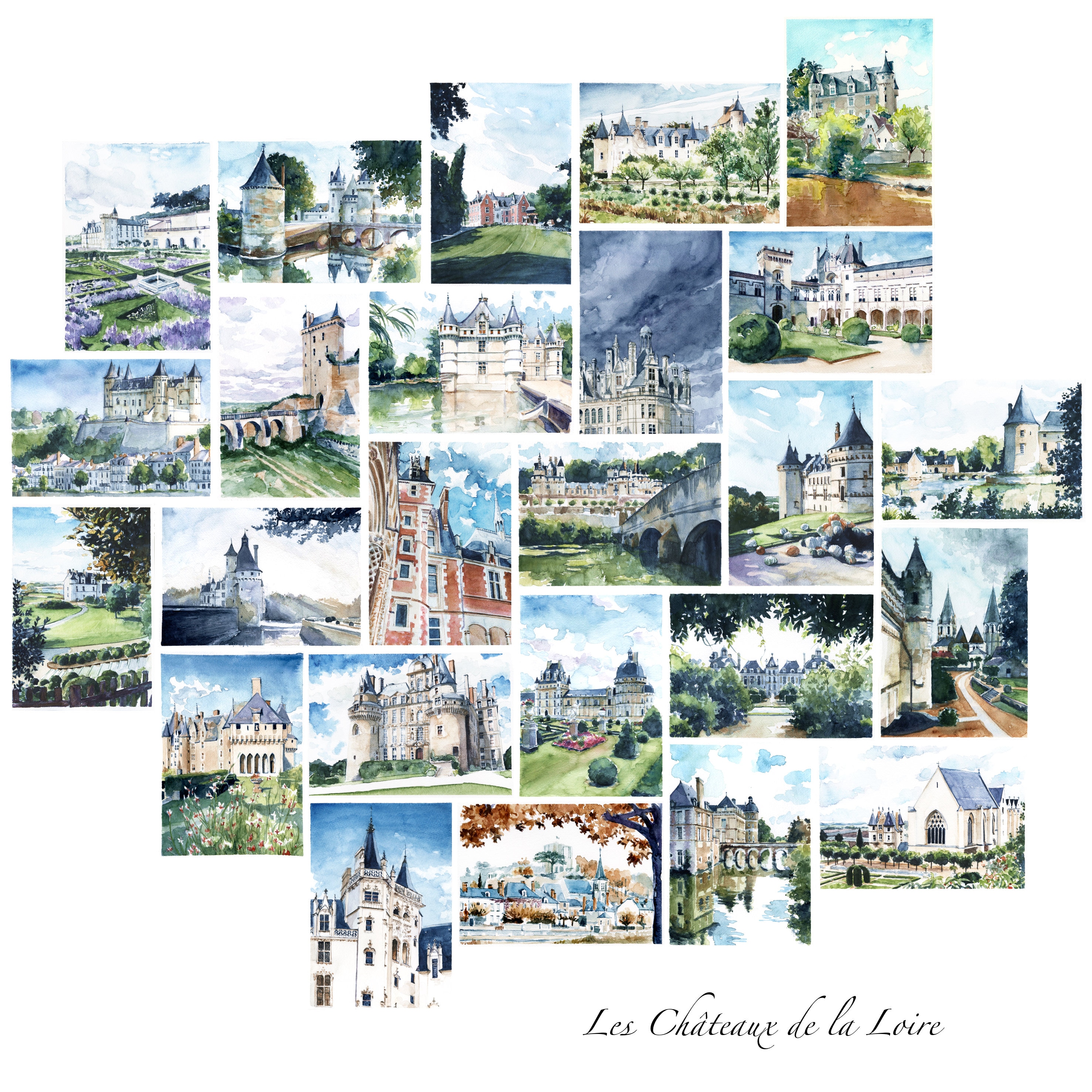 Mapas De Paquetes 25 Castillos Del Loira Acuarelas Castillo Etsy