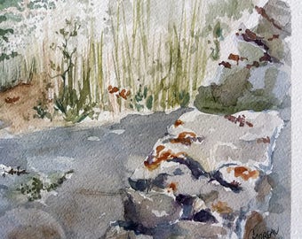 水彩田園風景、村の庭の絵、菜園の絵、風景画、オリジナルの水彩画