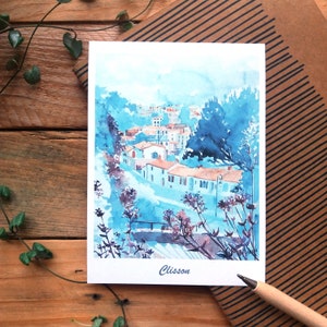 Carte postale Clisson, illustration Clisson, Aquarelle village France, dessin architecture italienne, CMoreauArt, Charline Moreau