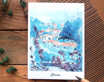 Clisson postcard, Clisson illustration, France village watercolor, Italian architecture drawing, CMoreauArt, Charline Moreau