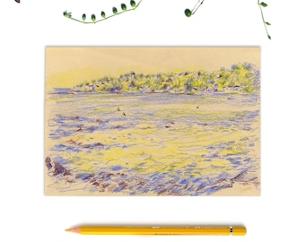 Drawing with colored pencils on beige paper, sea view Côte d'Azur, horizontal rectangular format A5, wall decoration small format