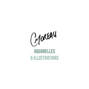 May include: A black and white signature with the name "Moreau" written in cursive. Below the signature, the text "Aquarelles & Illustrations" is written in a light green color.