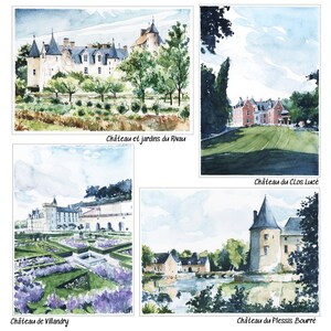 May include: A watercolor painting of four French castles. The top left image shows Ch&acirc;teau et jardins du Rivau, the top right image shows Ch&acirc;teau du Clos Luc&eacute;, the bottom left image shows Ch&acirc;teau de Villandry, and the bottom right image shows Ch&acirc;teau du Plessis Bourr&eacute;.