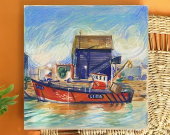 Red boat drawing, Whistable port sketch, fisherman's hut illustration, watercolor painting colored pencil, 15x15 beige paper format