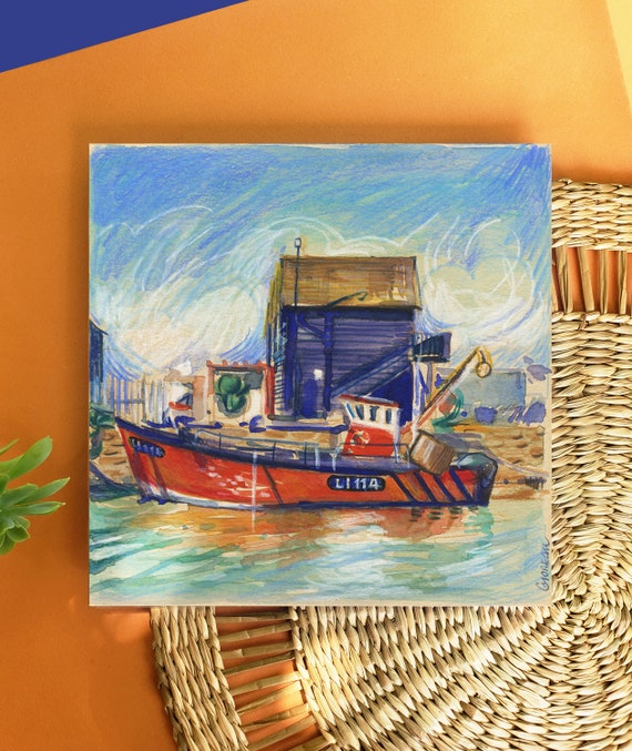 水彩画 漁船と港の風景 フレーム付き 原画 赤い船の絵、ウィスタブル港の