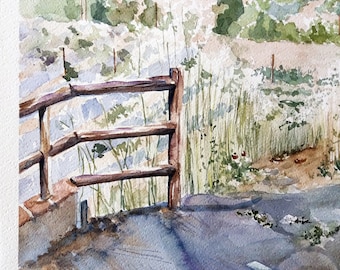 水彩田園風景、村の庭の絵、菜園の絵、風景画、オリジナルの水彩画