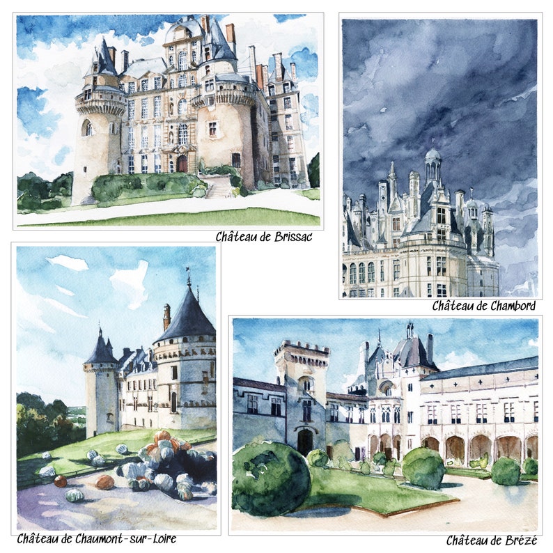 May include: A collage of four watercolor paintings depicting different French castles. The castles are painted in shades of gray, white, and brown. The paintings are labeled with the names of the castles: Ch&acirc;teau de Brissac, Ch&acirc;teau de Chambord, Ch&acirc;teau de Chaumont-sur-Loire, and Ch&acirc;teau de Br&eacute;z&eacute;.