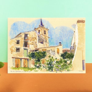 Disegno St Etienne les Orgues, schizzo della città vecchia, illustrazione del villaggio medievale, acquerello con tecnica mista, disegno in formato A4 su carta beige
