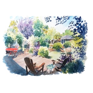 Pintura de paisagem personalizada, pintura de retrato de jardim, aquarela sob encomenda a partir de foto, presente artesanal exclusivo, CMeau
