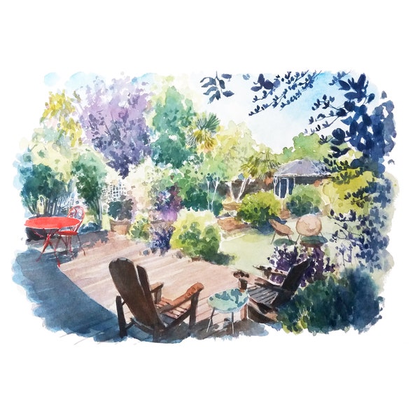 Tableau paysage personnalisé, peinture portrait de jardin, aquarelle sur commande d'après photo, cadeau artisanal unique, CMoreau
