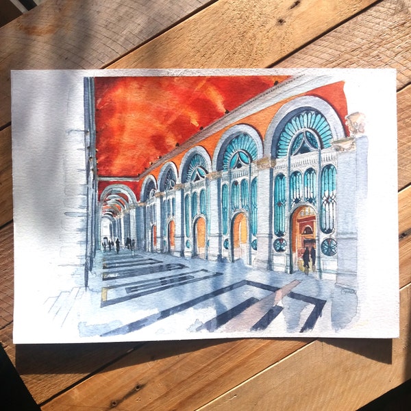 Original watercolor Turin, Painting Torino Porta Nuova, Drawing architecture, Painting Turin, Italian city, Urban Gallery, Cmoreauart