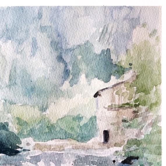 Aquarelle Paysage Cascade Peinture Moulin Rivière Tableau Paysage Bord De Leau Original Aquarelle Paysage Ruisseau Décor Moulin Eau