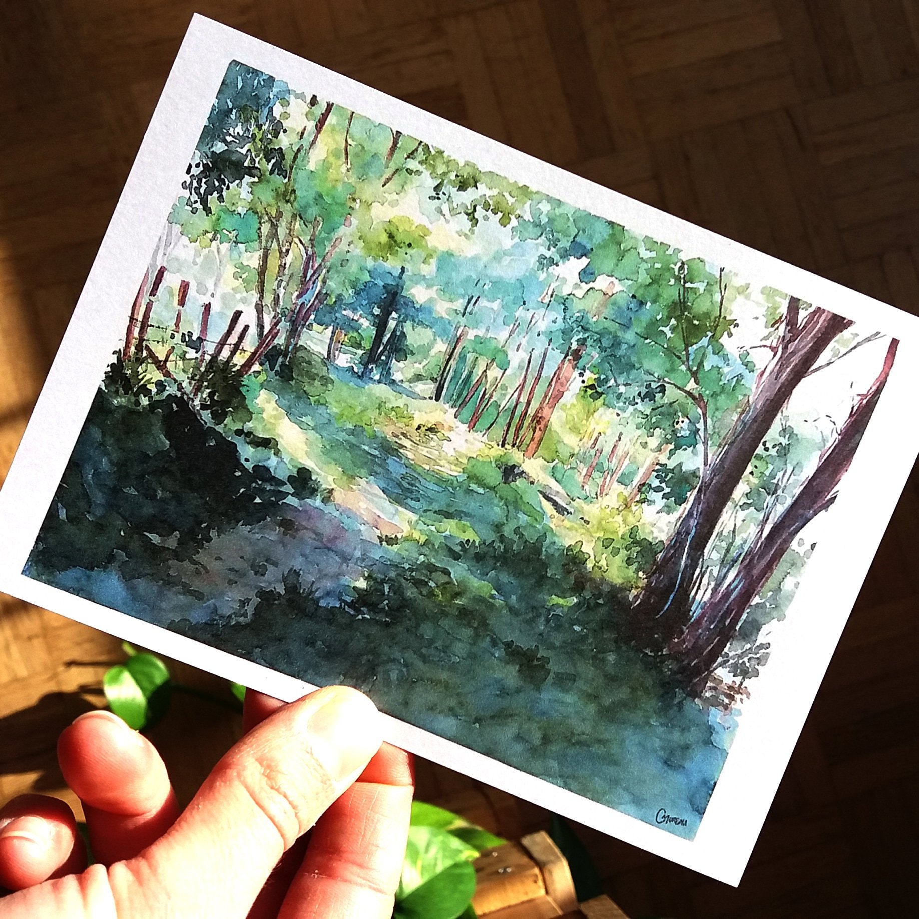 森の水彩画、木の水彩画、空き地の絵画、フランスの自然画、小道の
