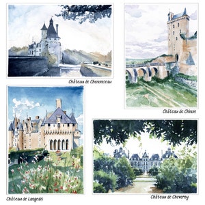May include: A collage of four watercolor paintings depicting different French castles. The top left image shows Ch&acirc;teau de Chenonceau, a grand castle with a moat and a bridge. The top right image shows Ch&acirc;teau de Chinon, a tall castle with a tower and a bridge. The bottom left image shows Ch&acirc;teau de Langeais, a castle with a moat and a garden. The bottom right image shows Ch&acirc;teau de Cheverny, a castle with a garden and a forest.