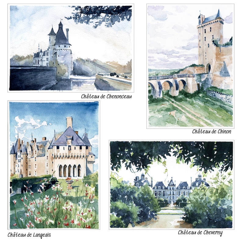 May include: A collage of four watercolor paintings depicting different French castles. The top left image shows Ch&acirc;teau de Chenonceau, a grand castle with a moat and a bridge. The top right image shows Ch&acirc;teau de Chinon, a tall castle with a tower and a bridge. The bottom left image shows Ch&acirc;teau de Langeais, a castle with a moat and a garden. The bottom right image shows Ch&acirc;teau de Cheverny, a castle with a garden and a forest.