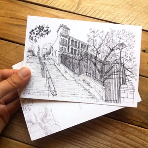 Carte postale de Nantes, Illustration Butte Sainte Anne, Dessin Musée Jules Verne, Paysage urbain France, Dessin architecture nantaise encre