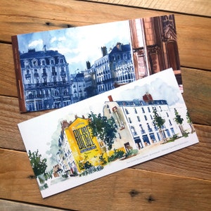 Marque page recto-verso Nantes, Illustration 10x20 cm, Panorama bleu jaune, Paysage urbain France, Dessin aquarelle Charline Moreau