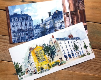 Bookmark double-sided Nantes, Illustration 10x20 cm, Panorama blue yellow, Urban landscape France, Watercolor drawing Charline Moreau