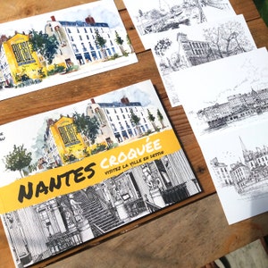 Livre et cartes postales Nantes, Carnet de voyage Nantes croquée, Illustration à l'encre et à l'aquarelle sur papier, Souvenir nantais