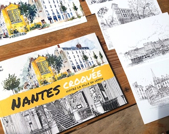 Nantes book and postcards, Sketched Nantes travel diary, Illustration in ink and watercolor on paper, Nantes souvenir