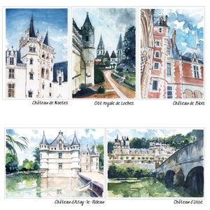 May include: Watercolor paintings of six French castles, including Ch&acirc;teau de Nantes, Cit&eacute; royale de Loches, Ch&acirc;teau de Blois, Ch&acirc;teau d'Azay-le-Rideau, and Ch&acirc;teau d'Uss&eacute;.