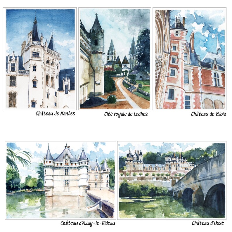 May include: Watercolor paintings of six French castles, including Ch&acirc;teau de Nantes, Cit&eacute; royale de Loches, Ch&acirc;teau de Blois, Ch&acirc;teau d'Azay-le-Rideau, and Ch&acirc;teau d'Uss&eacute;.