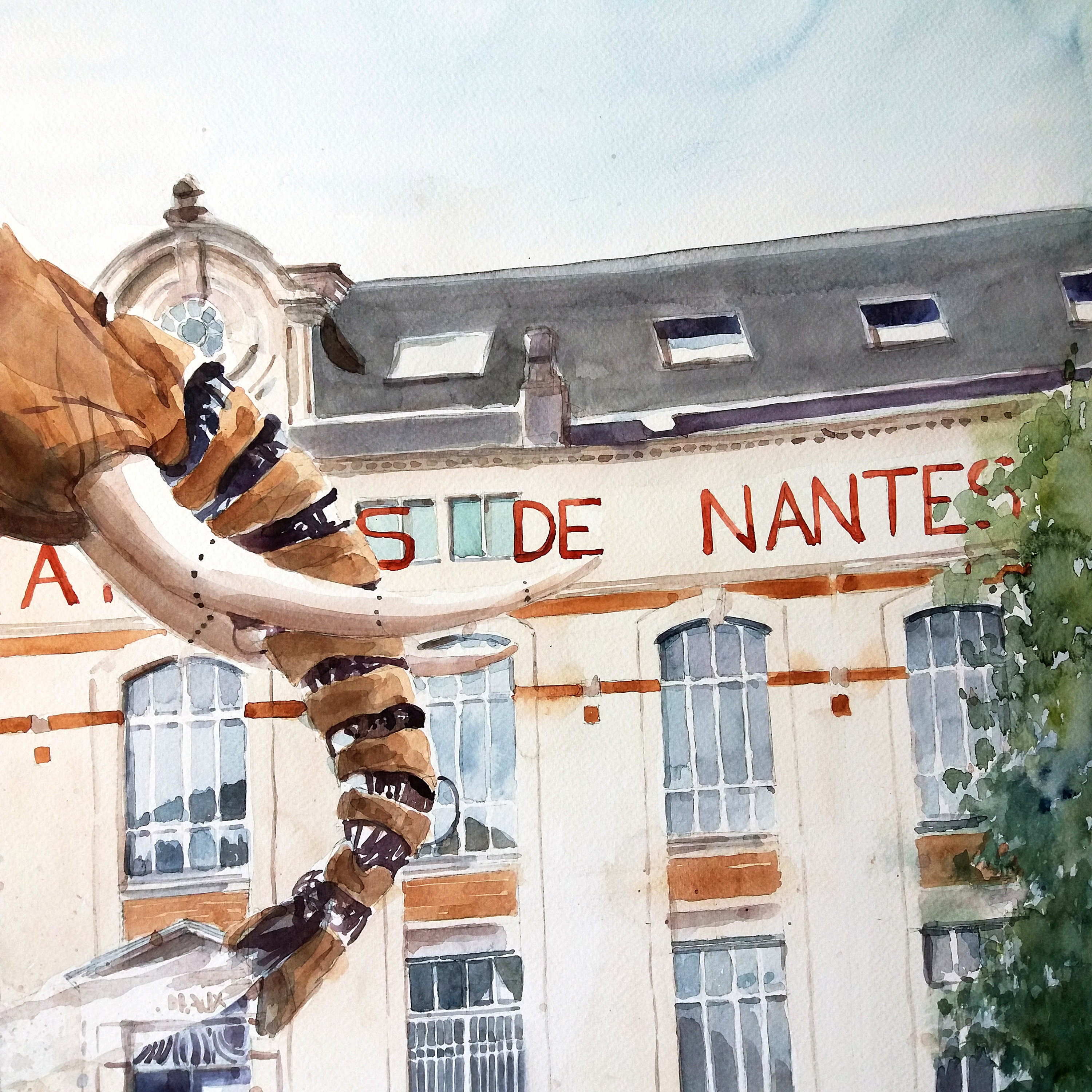 Nantes olifantenschilderij, aquarel op papier, rechthoekig formaat 64x49  cm, wanddecoratie, origineel machinaal werk, Charline Moreau - Etsy België, image size:3000x3000