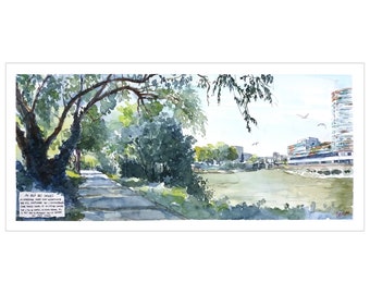 Original watercolour Nantes, Loire Edge Painting, Painting Wooden Path, Watercolor Urban Landscape, Banks of the Erdre Nantes