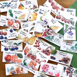 Peut inclure: Une collection d'étiquettes peintes à la main pour des confitures, gelées et autres conserves faites maison. Les étiquettes présentent divers fruits, notamment des cerises, des prunes, des oranges et des poires, ainsi que des fleurs et des feuilles. Les étiquettes sont écrites en français et comprennent des noms comme "Confiture de Fruits", "Sirop de Sureau" et "Sucre de Rose".