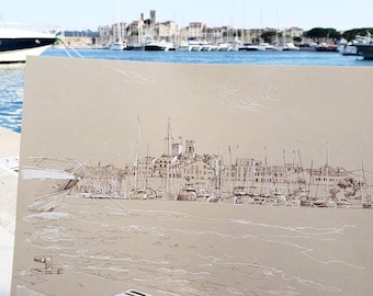 Port Antibes drawing, Architecture illustration, Boat ink drawing, Seascape painting, Côte d'Azur urban sketch, A4 beige paper