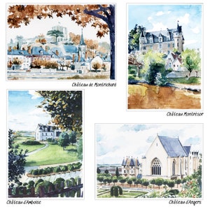 May include: A collage of four watercolor paintings depicting different French castles. The top left image shows a castle with a red roof and a tall tower. The top right image shows a castle with a white facade and a green roof. The bottom left image shows a castle with a white facade and a green roof. The bottom right image shows a castle with a white facade and a gray roof.